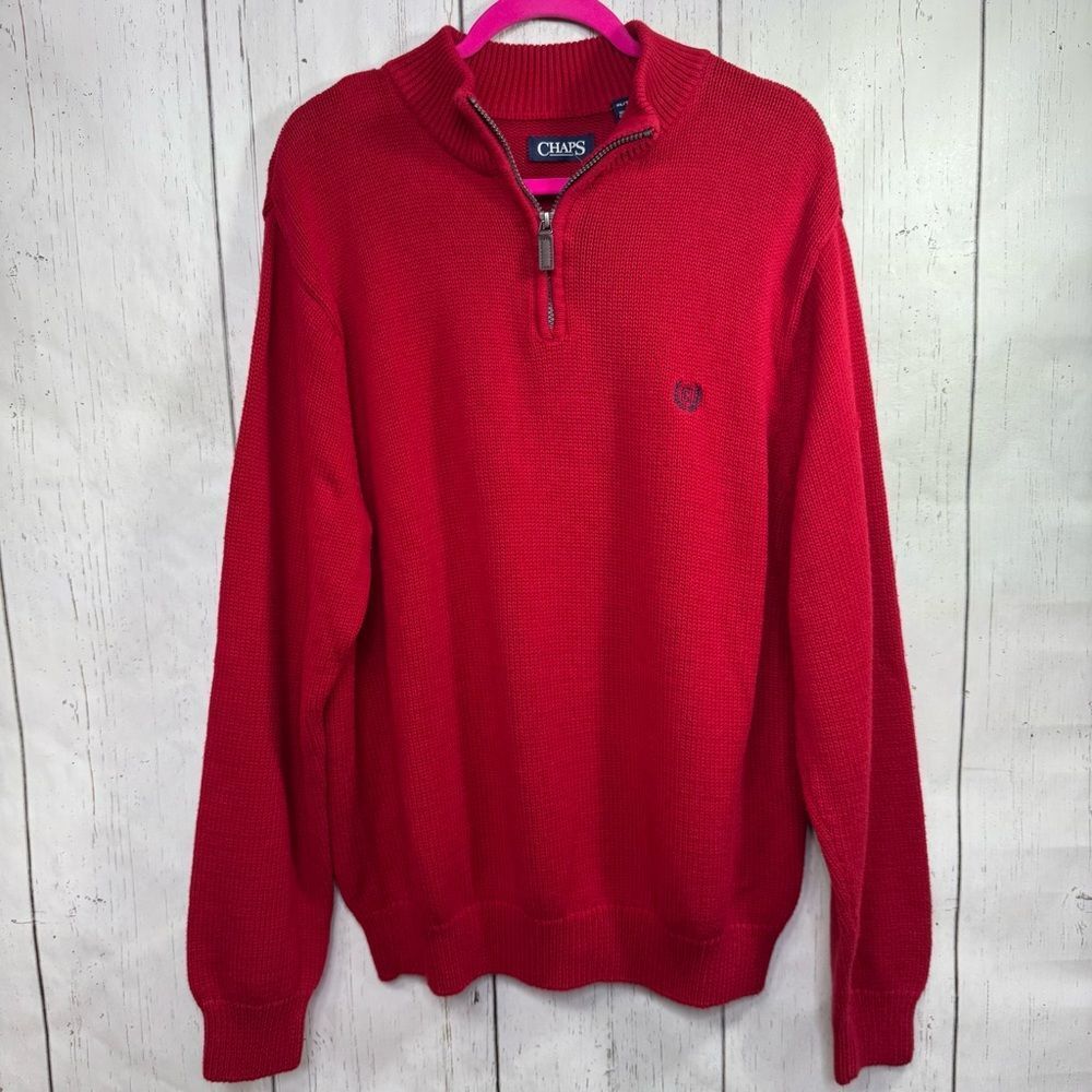 Chaps Mens Red Quarter Zip Cotton Sweater XL Classic Preppy Knit Pullover Y2K